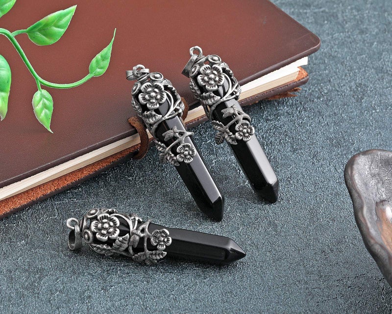 Top Plaza Antique Silver Flower Wrapped Natural Black Agate Healing Crystal Necklace - Image 3
